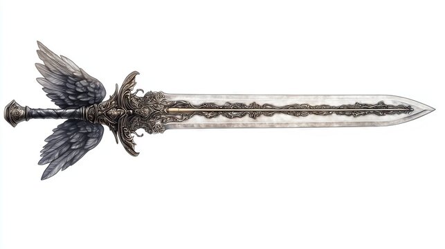 Fantasy silver sword with long blade on isolated white background