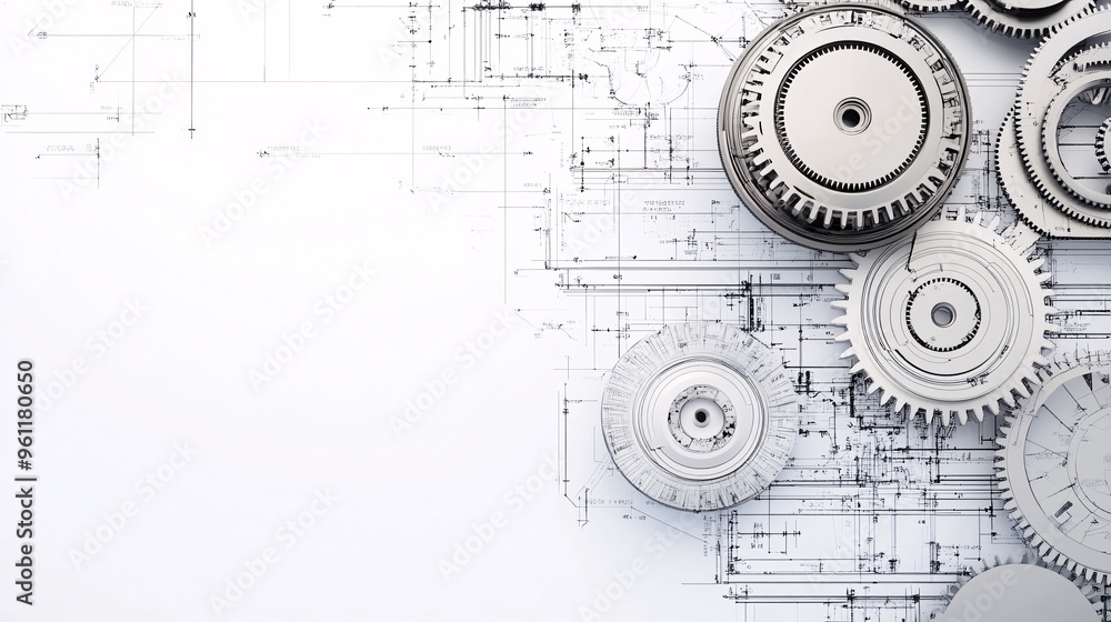 Poster Mechanical engineering blueprint-style gear system with cogs and mechanical parts in flat design Vector look Digital art Large space for text in center Stock Photo with copy space