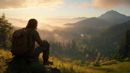 Fototapeta premium As the sun rises, a hiker takes a moment to reflect while sitting on a rocky ledge, surrounded by misty valleys and towering mountains filled with vibrant greenery