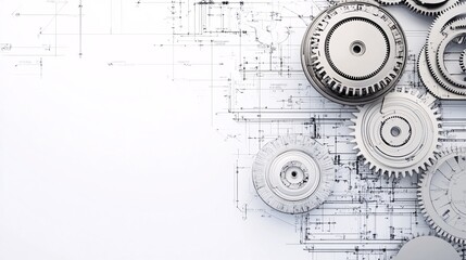 Obraz premium Mechanical engineering blueprint-style gear system with cogs and mechanical parts in flat design Vector look Digital art Large space for text in center Stock Photo with copy space