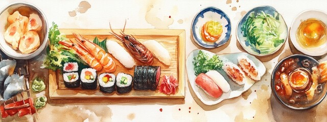A Colorful Array of Sushi and Seafood Dishes: Culinary Delights in Japanese Cuisine