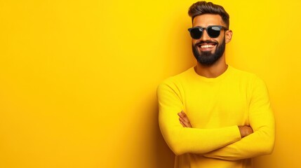 A man with a stylish beard and sunglasses stands with his arms crossed, exuding confidence. He dons a vibrant yellow sweater, perfectly matching the cheerful background color