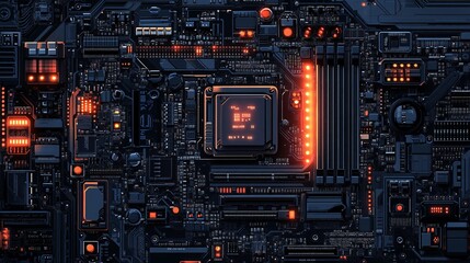 Fototapeta premium Computer motherboard with processors and code symbols in flat design Vector look Digital art Large space for text in center Stock Photo with copy space