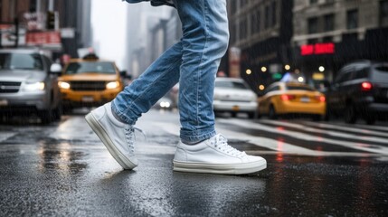 Obraz premium A person strides confidently through a wet urban street, showcasing white sneakers against the reflection of yellow taxis and the blurred outlines of buildings in a vibrant cityscape