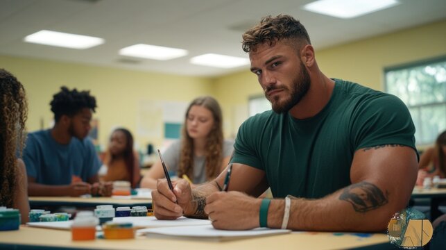 A serious student works diligently on an art project in a lively classroom filled with classmates who are also creating their masterpieces. The atmosphere is collaborative and inspiring