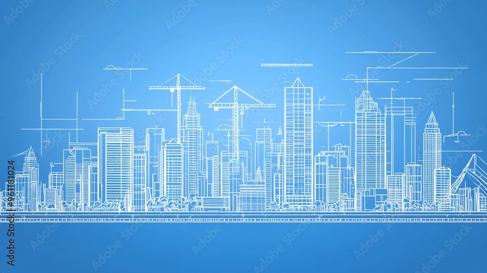 Poster civil engineering blueprint of a city skyline with roads and bridges in flat design vector look digi
