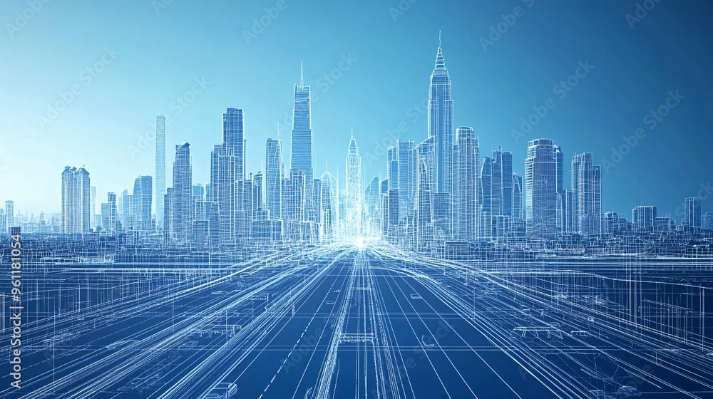 Poster civil engineering blueprint of a city skyline with roads and bridges in flat design vector look digi