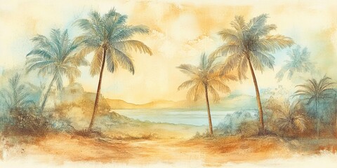Obraz premium Tranquil Tropical Landscape with Palm Trees and Serene Coastal Horizon