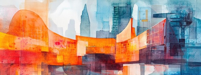 Vibrant Abstract Cityscape: A Watercolor Exploration of Modern Architecture and Urban Design