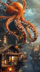 Obraz premium A giant octopus with glowing eyes looms over a fantasy city with buildings and lights, creating a surreal and whimsical scene.