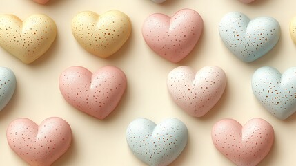 Obraz premium A playful pastel heart pattern with soft pink, pale yellow, and light blue hearts, creating a repeating design on a light cream background,