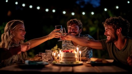 A group of friends toasting with glasses while enjoying a joyous outdoor gathering, surrounded by candles and a beautifully decorated cake under evening lights