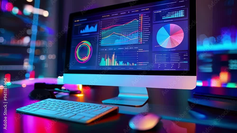 Poster computer is displaying various colorful charts on its screen, showcasing data analysis and innovativ