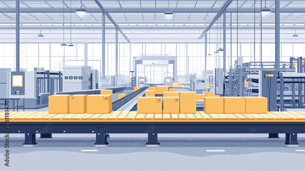 Poster Mechanical engineering conveyor belts and mechanical systems with detailed gears in flat design Vector look Digital art Large space for text in center Stock Photo with copy space