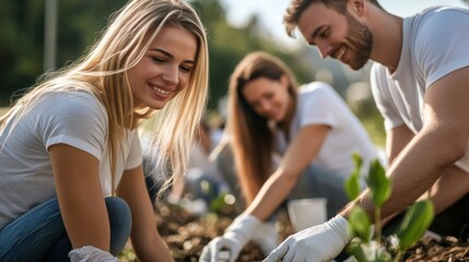 Fototapeta premium Three volunteers enthusiastically work together in a community park, planting seedlings and cultivating the soil under warm spring sunlight, fostering a sense of camaraderie and purpose