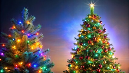 Fototapeta premium Real Christmas tree decorated with colorful lights for a festive holiday display