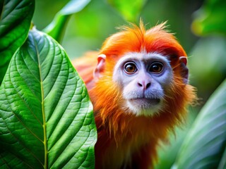 Obraz premium A red-faced monkey with bright orange fur peers out from behind a thick leaf, its curious gaze searching for hidden treasures in the jungle canopy.