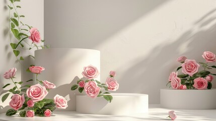 Abstract podium with pink roses on grey backdrop. Minimal design for showcasing products. Beauty and spa theme with copy space.