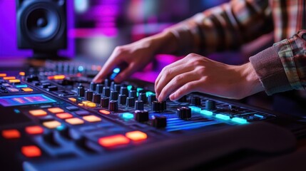 Fototapeta premium The DJ focuses intently on the mixing console, manipulating knobs and sliders to create the perfect sound for the lively nightclub crowd. Colorful lights enhance the energetic atmosphere