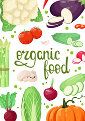 Organic food. Poster with vegetables. Vegetarianism. Vector illustration.