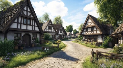 Fototapeta premium Delightful cottages with thatched roofs line a winding cobblestone path, inviting exploration amid vibrant greenery and blooming wildflowers under a clear blue sky