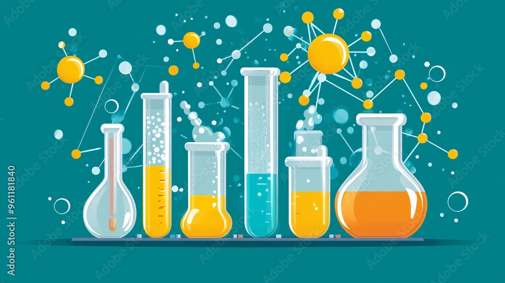 Poster Chemical engineering laboratory with test tubes and chemical reactions in flat design Vector look Digital art Large space for text in center Stock Photo with copy space