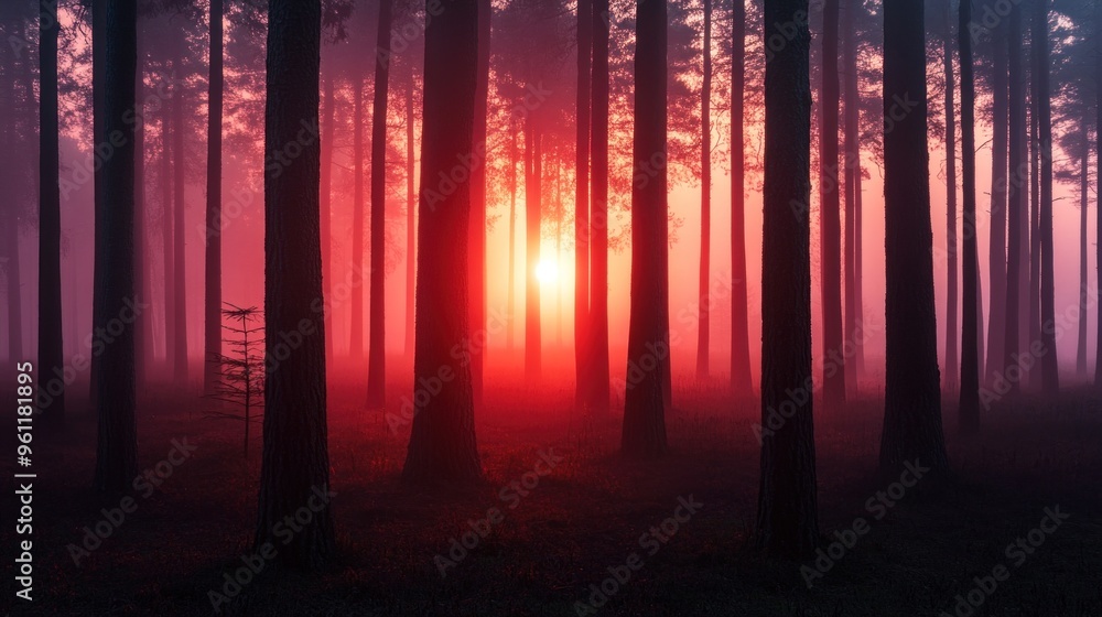 Poster sunlight streams through tall trees in a misty forest at dawn, creating a calm and magical ambiance 