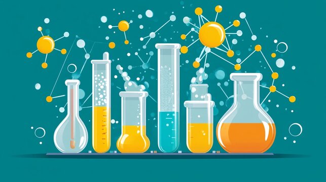 Chemical engineering laboratory with test tubes and chemical reactions in flat design Vector look Digital art Large space for text in center Stock Photo with copy space