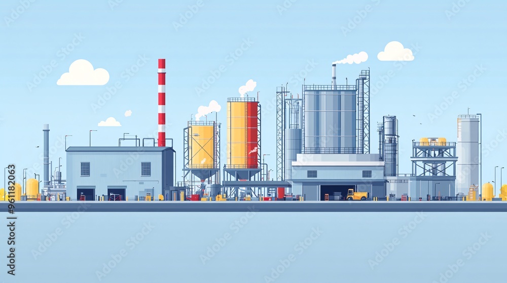 Aufkleber Industrial engineering schematic of production machinery and factory layout in flat design Vector look Digital art Large space for text in center Stock Photo with copy space