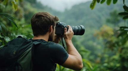 A man holds a camera, focused on photographing wildlife amidst the dense greenery of a rainforest on a foggy morning. The surrounding foliage adds to the serene atmosphere