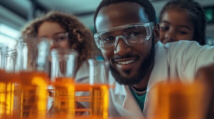 A teacher guides students as they conduct an exciting science experiment, surrounded by test tubes filled with vibrant liquids in a well-equipped laboratory