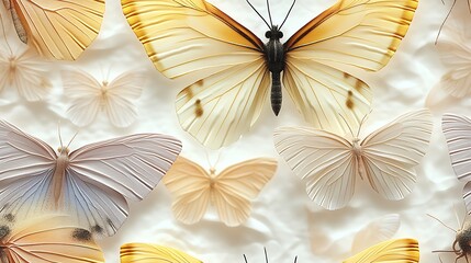 A seamless pastel butterfly pattern featuring light lavender, soft peach, and pale yellow butterflies,