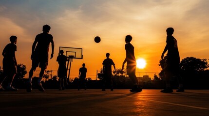 A group of young players engages in a lively basketball game as the sun sets, casting silhouettes of the athletes against a colorful sky, creating an energetic atmosphere