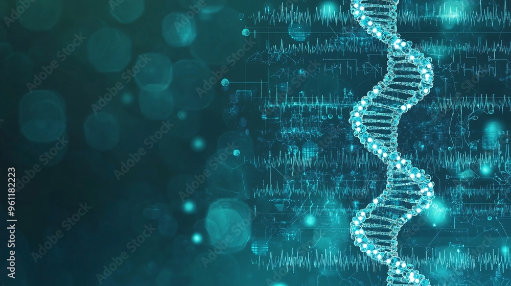 Poster Biomedical engineering with DNA strand and medical implants in flat design Vector look Digital art Large space for text in center Stock Photo with copy space