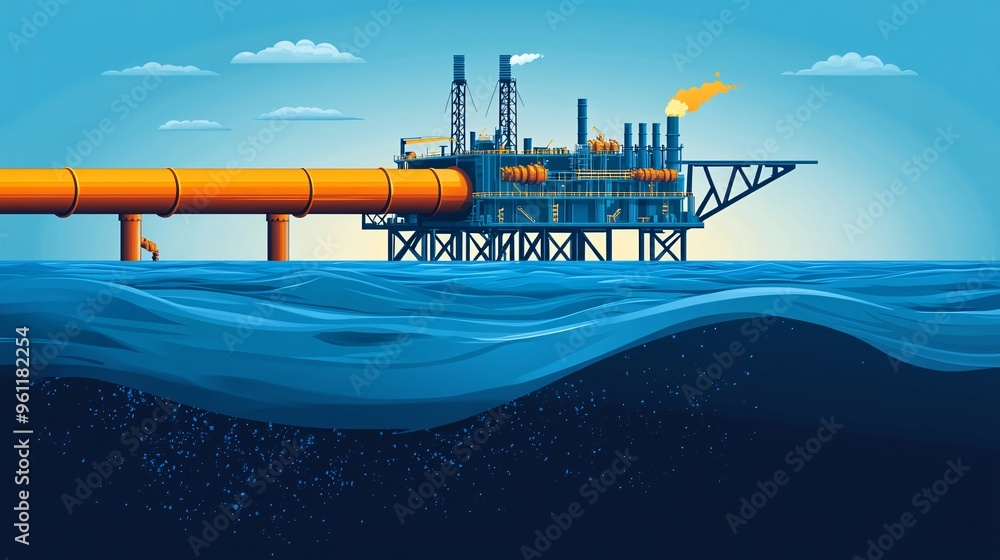 Aufkleber petroleum engineering oil rig in ocean and gas pipelines in flat design vector look digital art larg