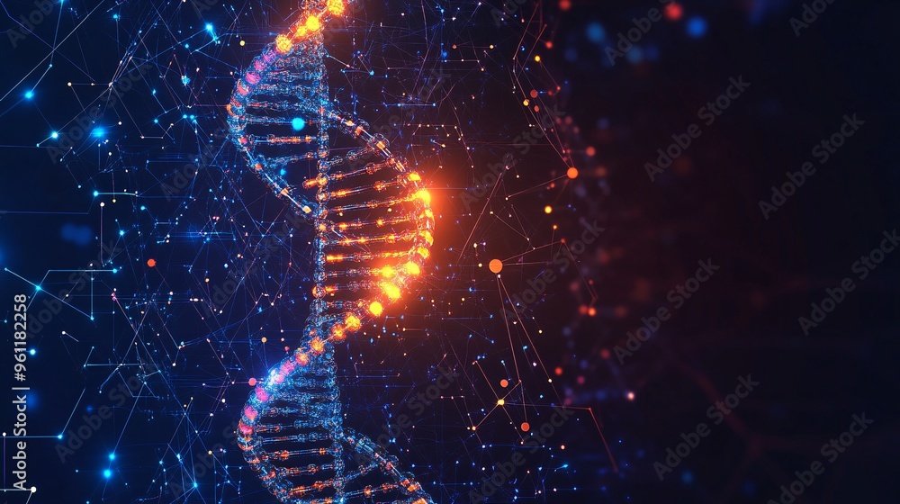 Poster Biomedical engineering with DNA strand and medical implants in flat design Vector look Digital art Large space for text in center Stock Photo with copy space