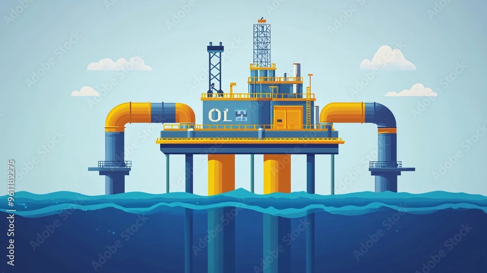Poster Petroleum engineering oil rig in ocean and gas pipelines in flat design Vector look Digital art Large space for text in center Stock Photo with copy space