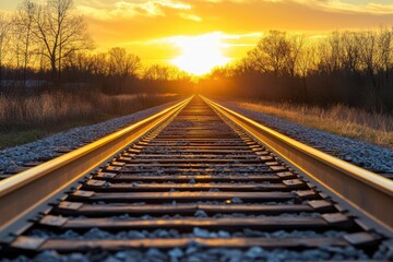 Fototapeta premium Railroad tracks stretching toward the sunset with glowing sunlight on the horizon and trees in the distance.
