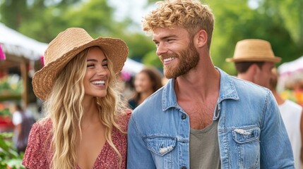 A cheerful young couple walks hand-in-hand through a lively outdoor market filled with colorful stalls, surrounded by greenery and sunlight