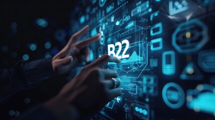 Businessman touching virtual screen with holographic text "B2B", B2B hologram on futuristic background, Business-to-business (B2B) digital business model concept