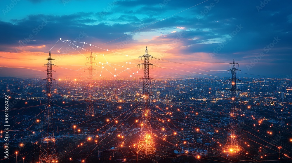 Aufkleber Electrical engineering smart grid system with power lines and energy waves in flat design Vector look Digital art Large space for text in center Stock Photo with copy space