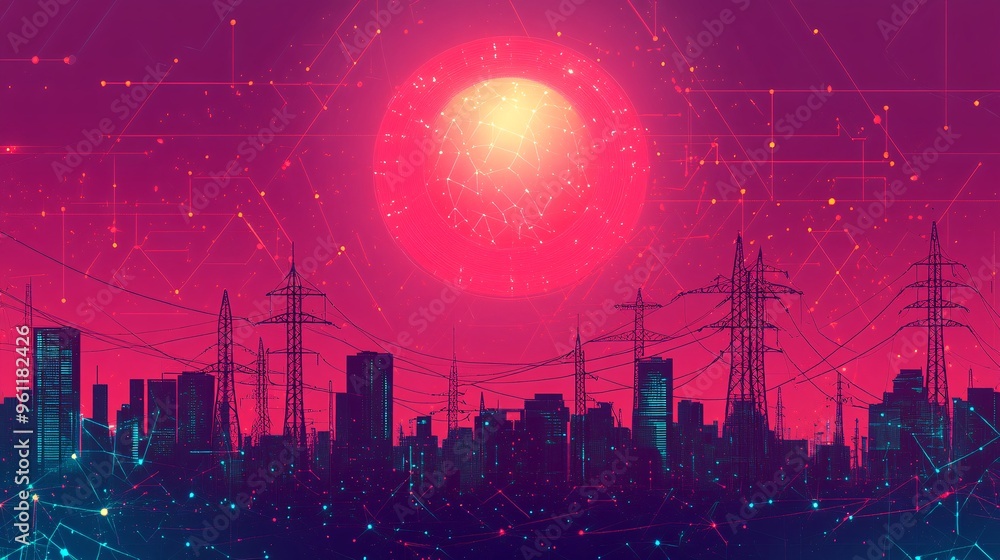 Aufkleber Electrical engineering smart grid system with power lines and energy waves in flat design Vector look Digital art Large space for text in center Stock Photo with copy space
