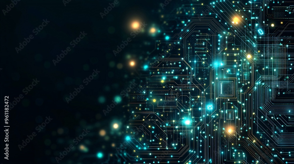 Poster Computer engineering with coding symbols and circuit boards in flat design Vector look Digital art Large space for text in center Stock Photo with copy space