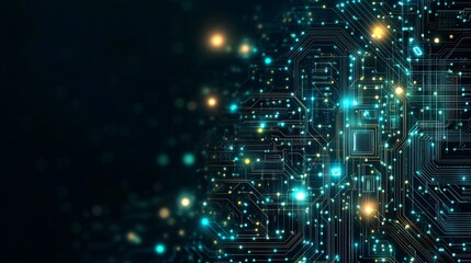 Fototapeta premium Computer engineering with coding symbols and circuit boards in flat design Vector look Digital art Large space for text in center Stock Photo with copy space