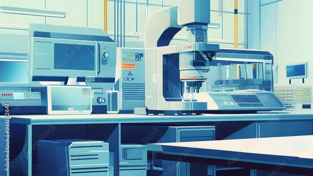Poster brightly lit lab with modern equipment conducting experiments and testing new products, showcasing i