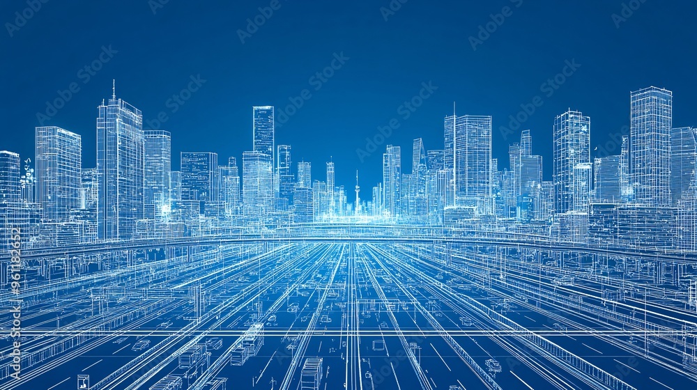 Poster civil engineering blueprint of modern city infrastructure with highways and buildings in flat design