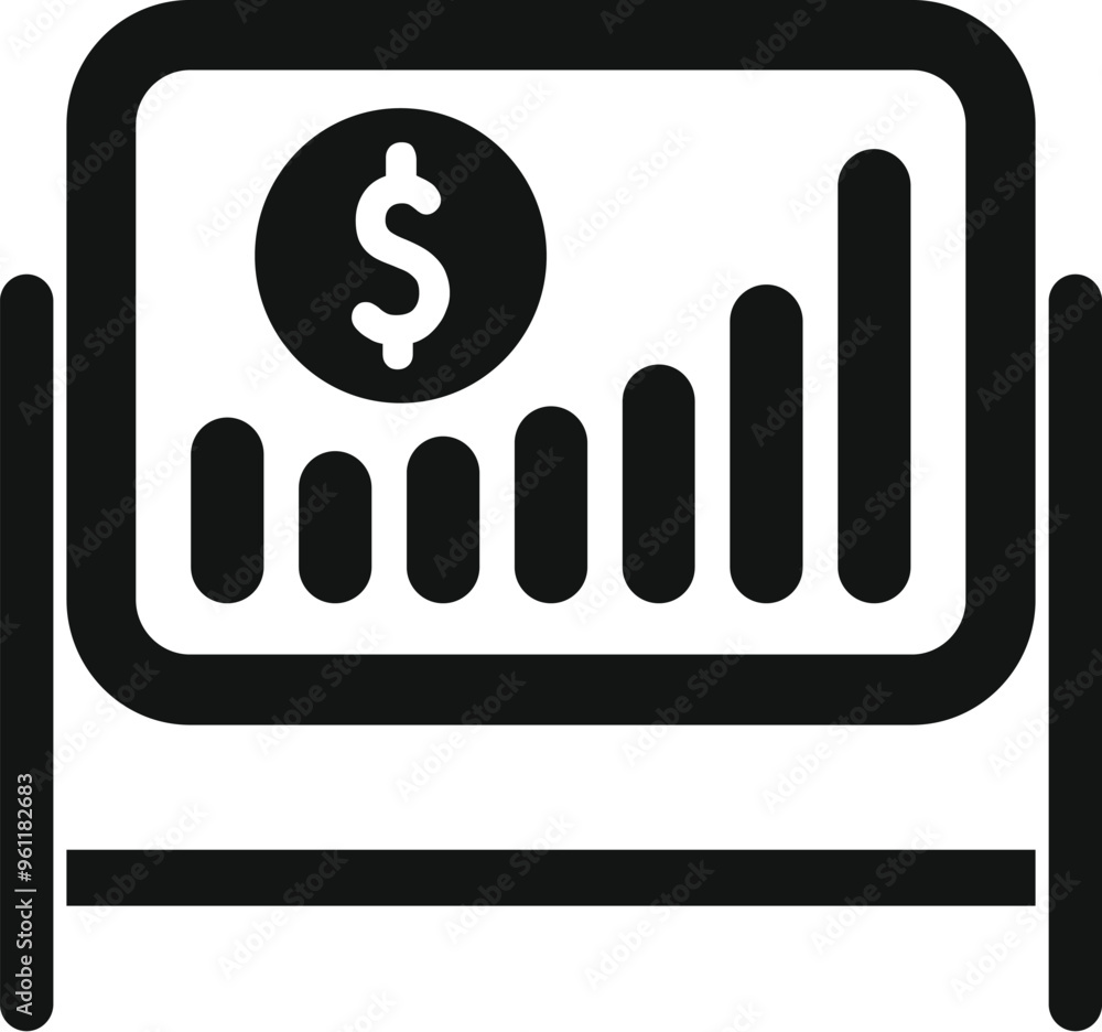 Poster this is a black and white vector icon of a flip chart showing increasing statistics with a dollar si