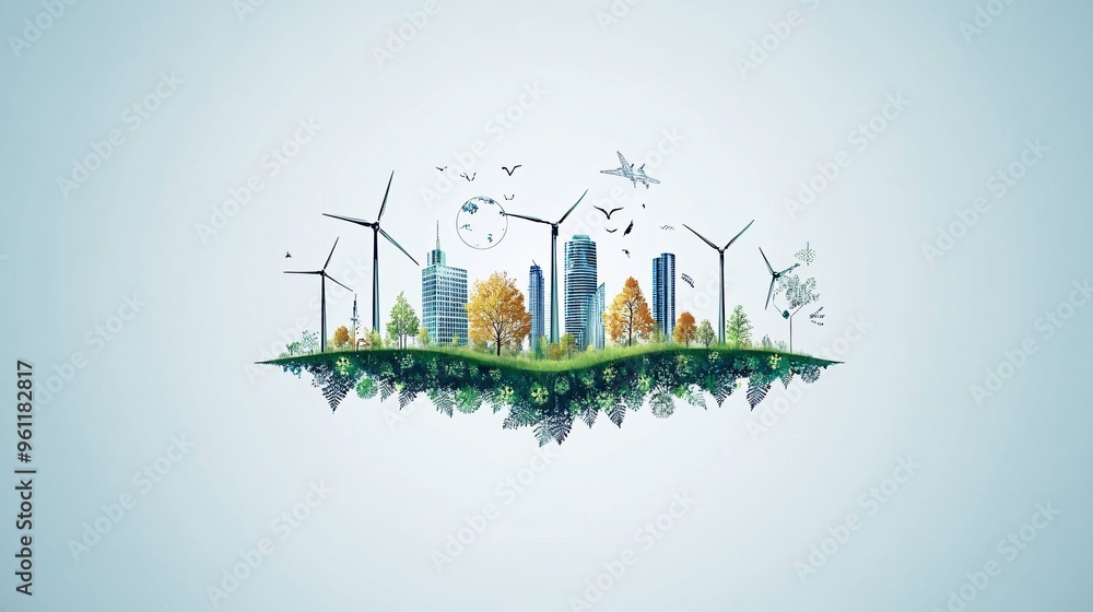 Poster Environmental engineering wind turbine fields and eco symbols in flat design Vector look Digital art Large space for text in center Stock Photo with copy space