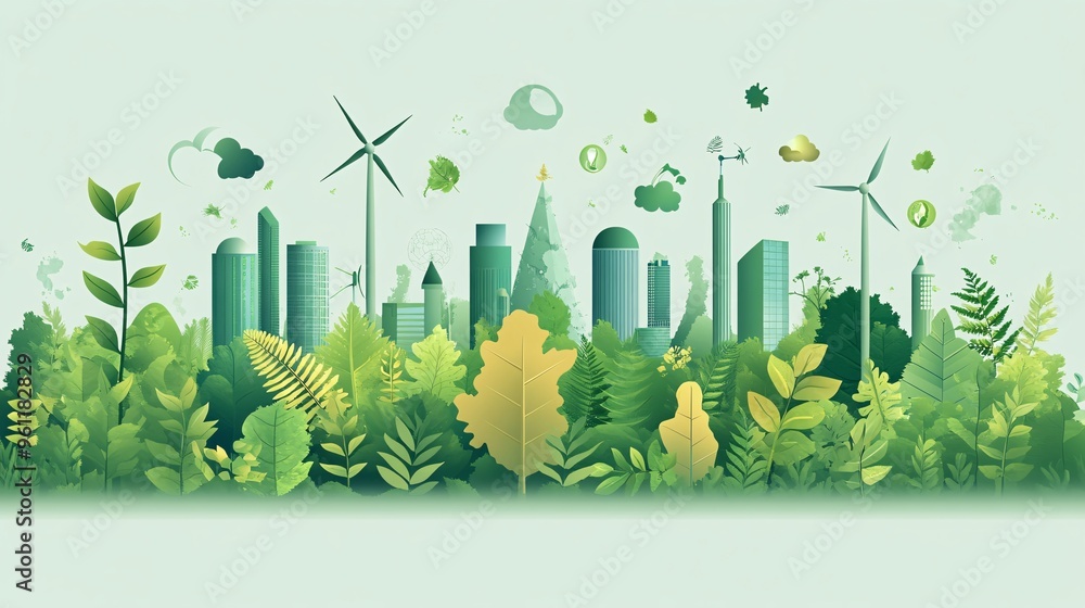 Aufkleber environmental engineering wind turbine fields and eco symbols in flat design vector look digital art