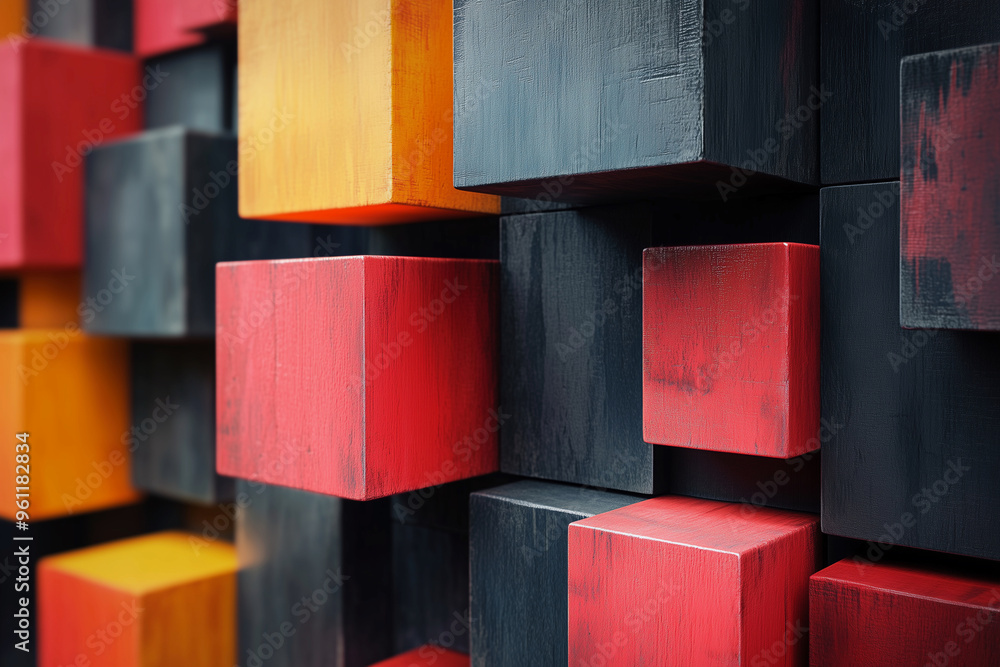 Poster a wall made of wooden blocks in various colors. the blocks are arranged in a way that creates a sens